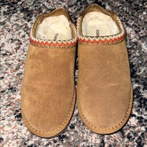 Minnetonka Brown Suede Slippers with Red Trim